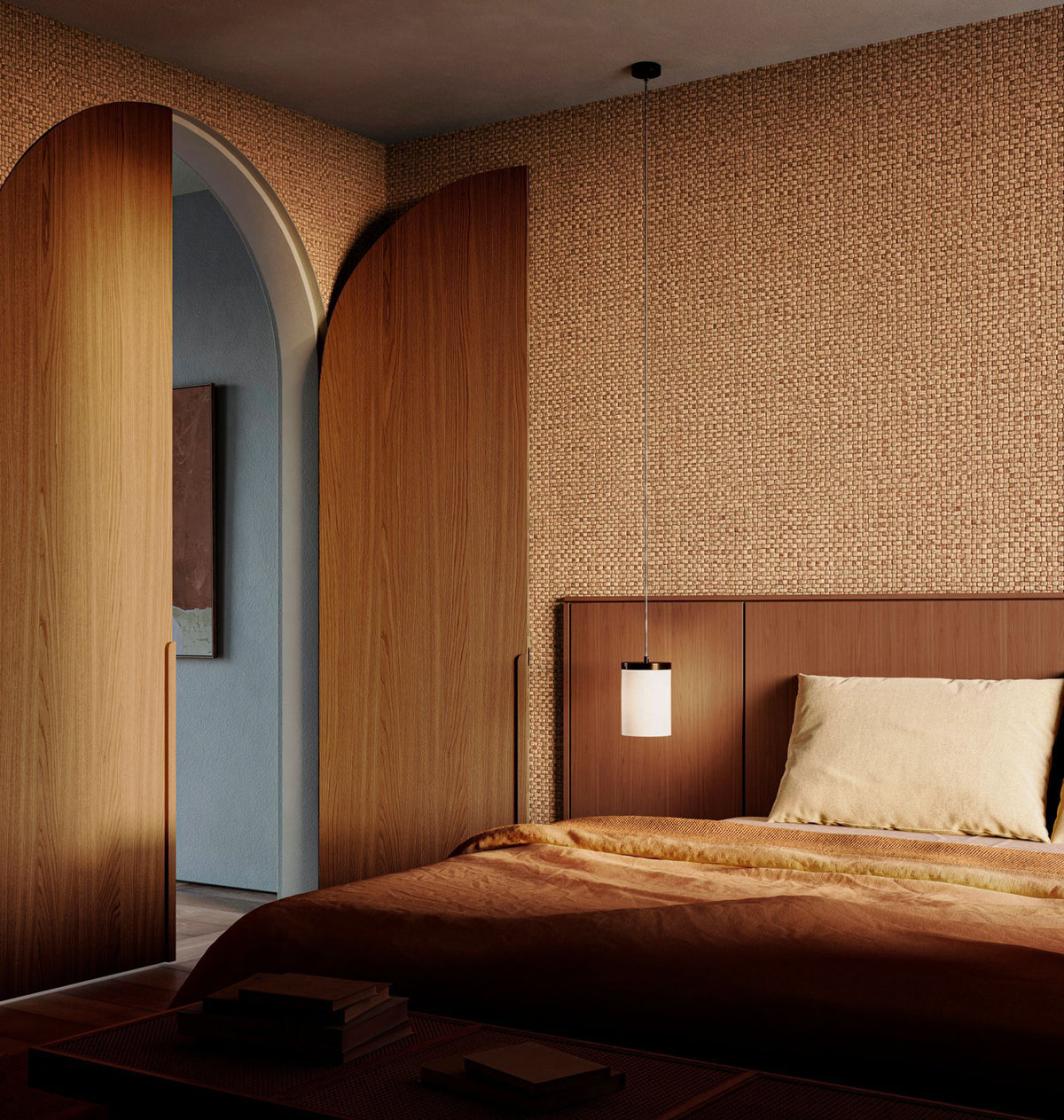 Puna wallpaper by Arte in Brown in a bedroom with timber joinery