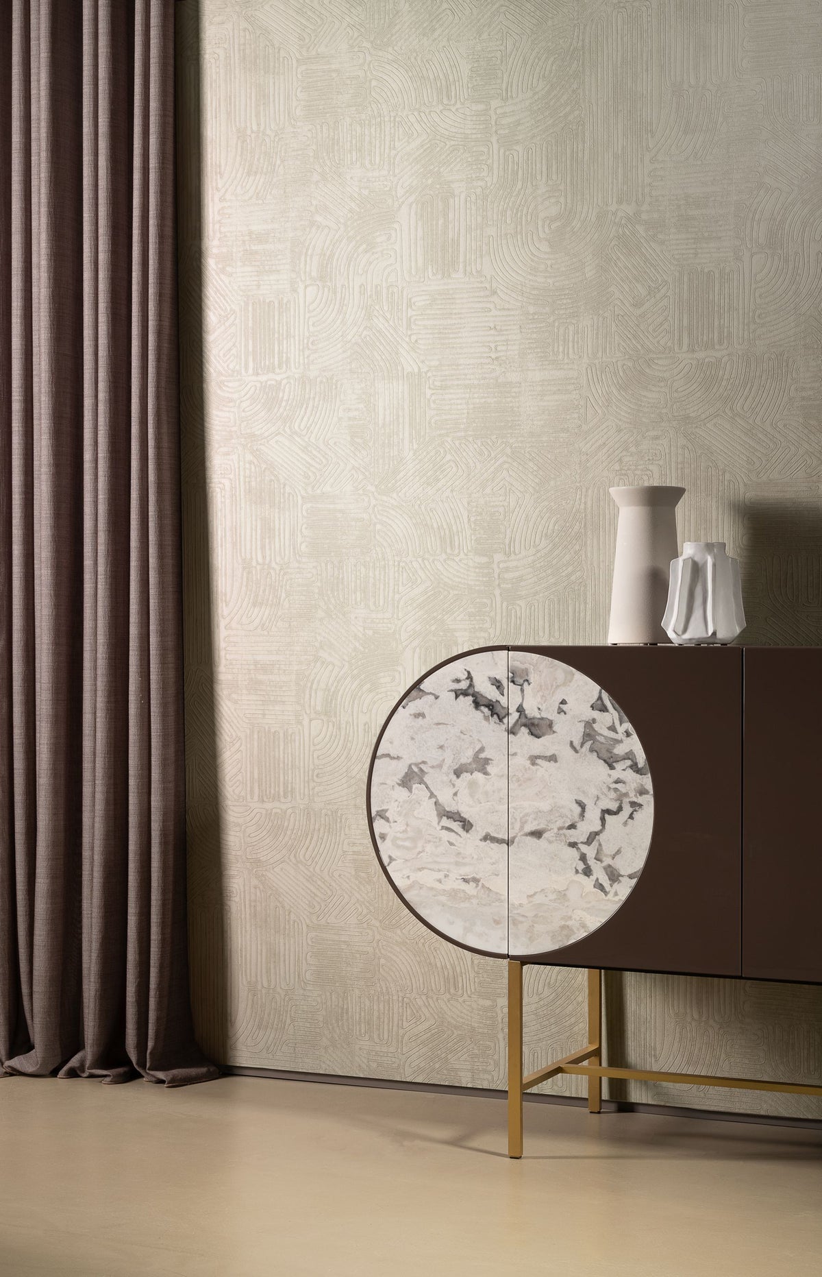 Tamba wallpaper by Arte in Cream – Pebble behind a cabinet with vases