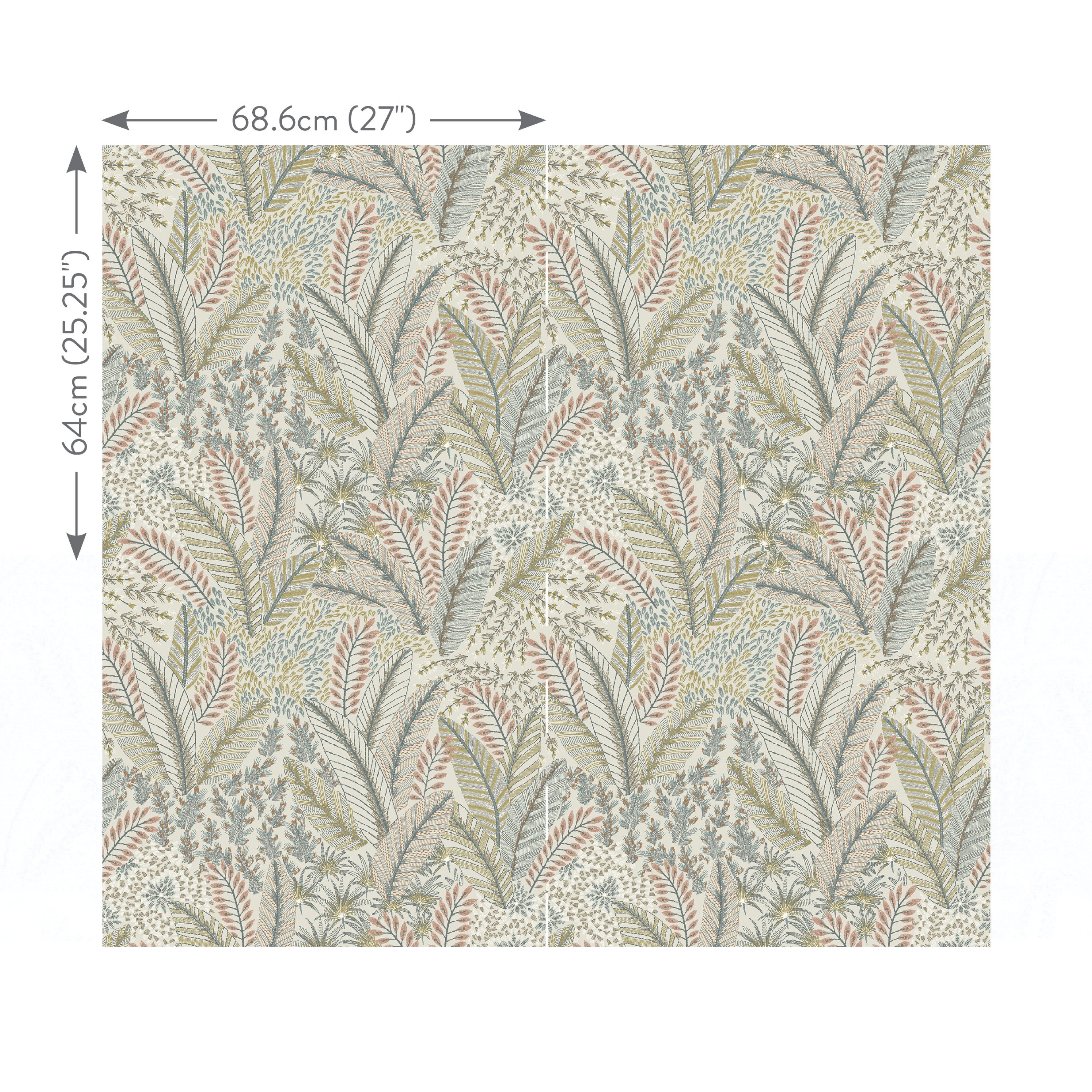 Chiraco wallpaper by Romo in Tamarind - tropical design, flat pattern repeat shown with its 68.6cm by 64cm dimensions