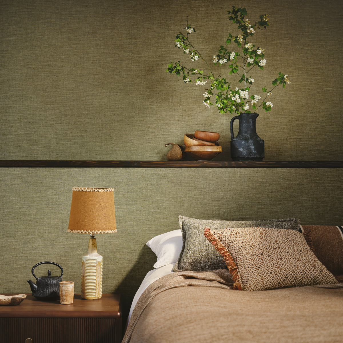Nysa Linen wallpaper by Romo, styled room shot