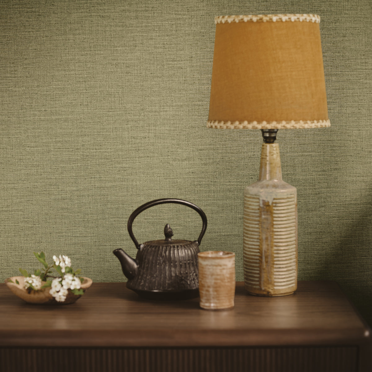 Nysa Linen wallpaper by Romo, styled room shot 2