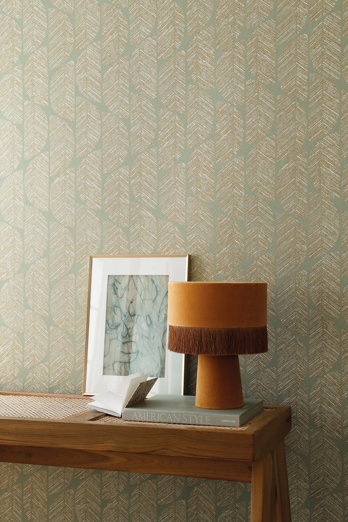 Abelia wallpaper by Casamance in Green – Almond, styled room shot
