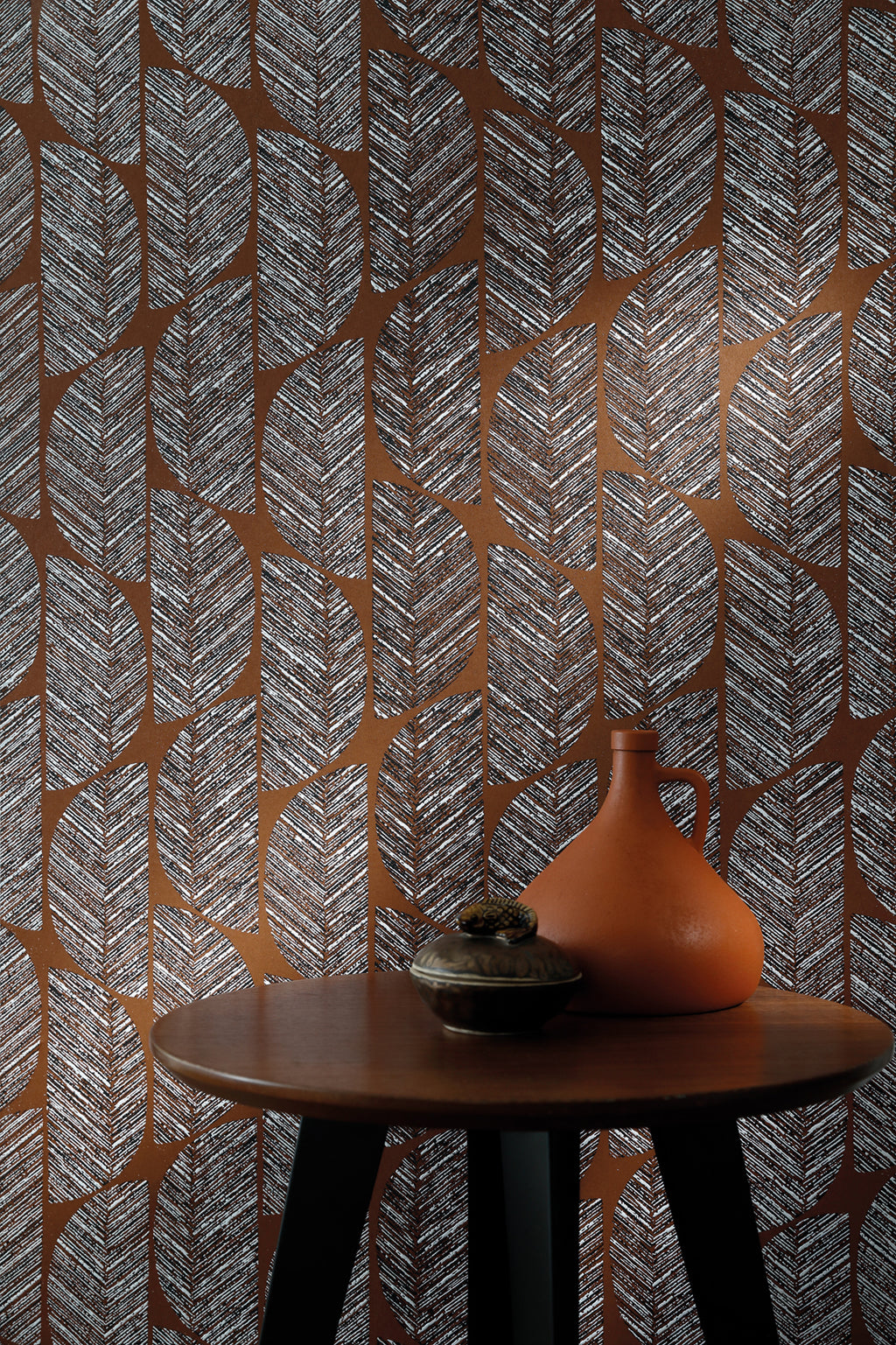 Abelia wallpaper by Casamance in Orange – Terracotta, styled room shot