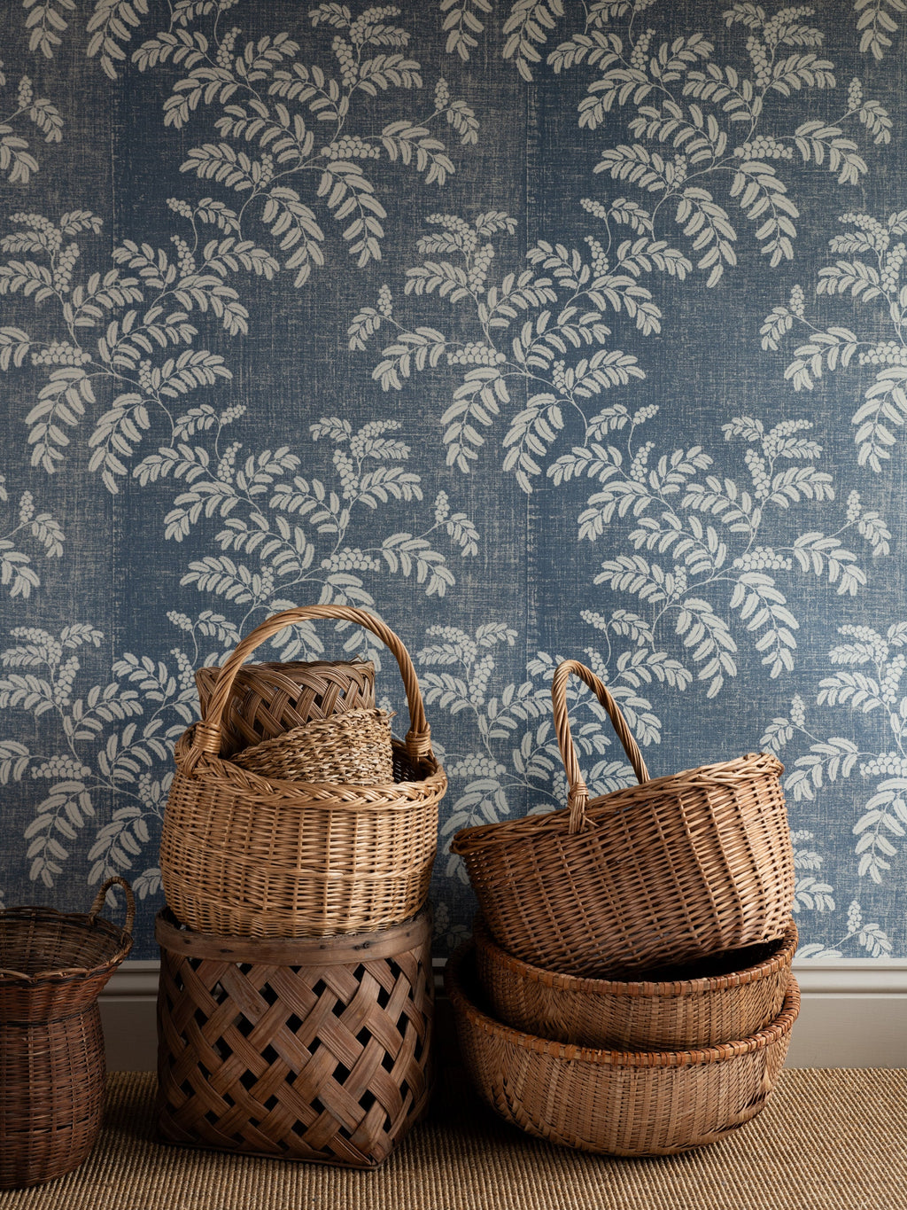 Acacia wallpaper by Långelid/von Brömssen in Blue, styled room shot 2
