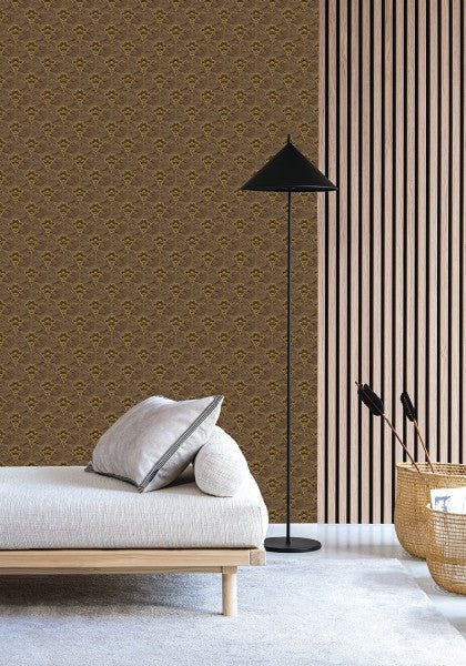 Adenium wallpaper by Casamance in Orange – Rust, styled room shot