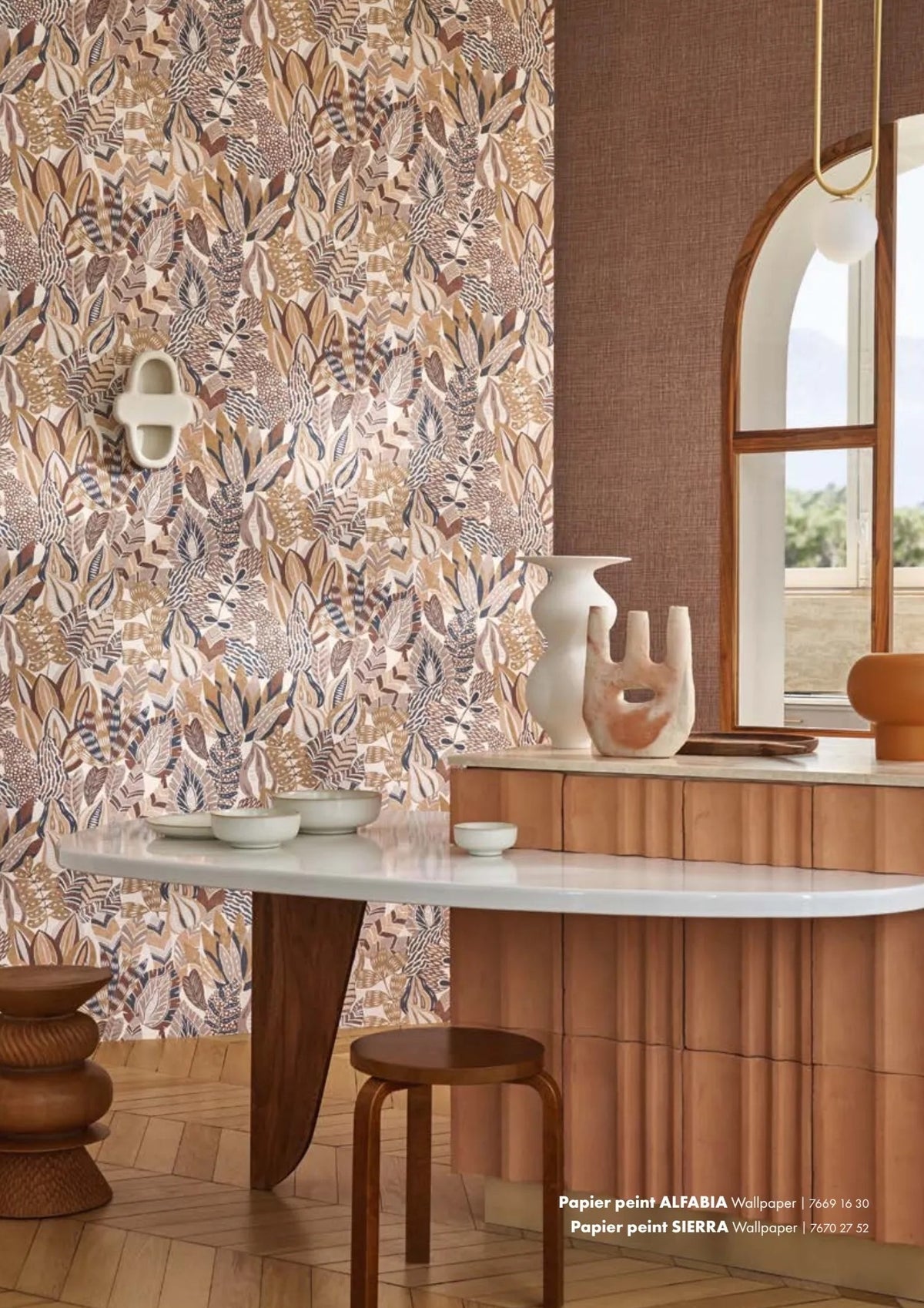 Alfabia wallpaper by Casamance in Brown – Mahogany & Taupe, styled room shot