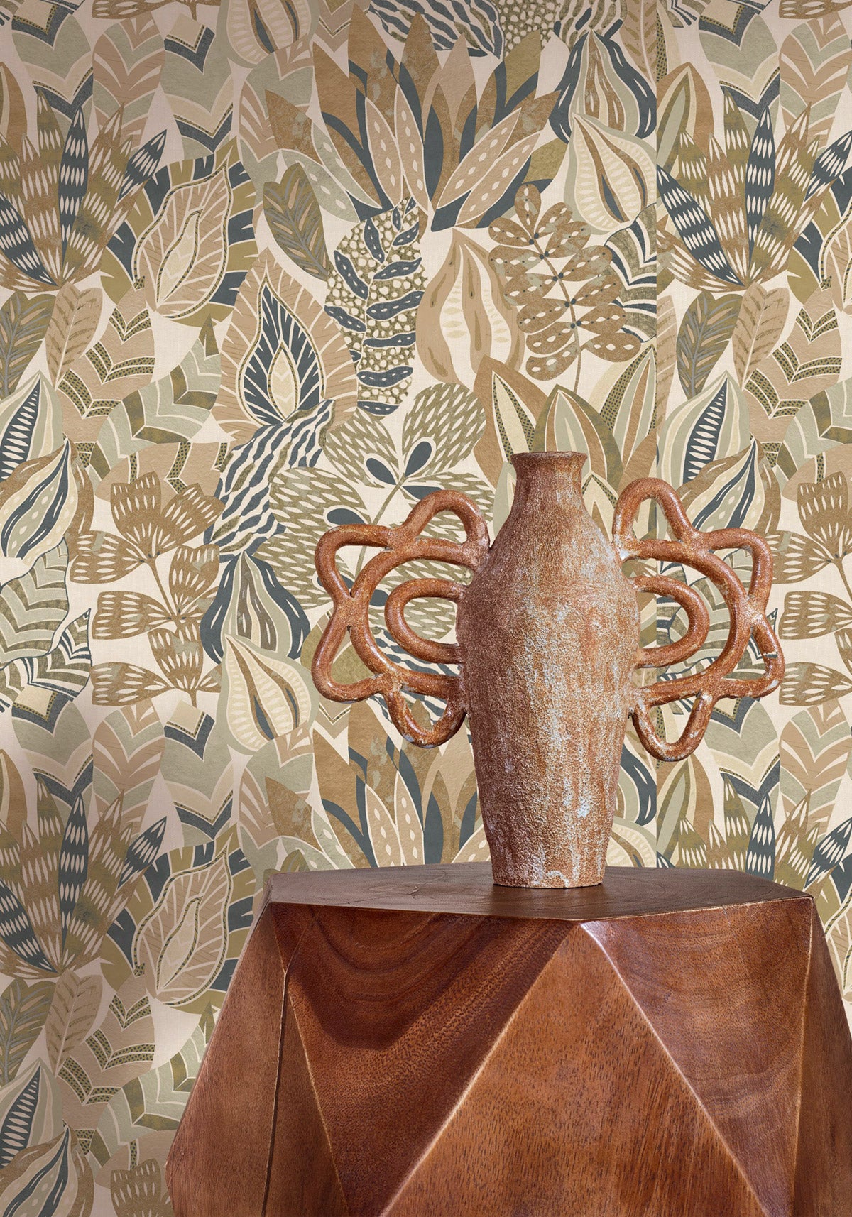 Alfabia wallpaper by Casamance in Green – Almond & Bronze, styled room shot