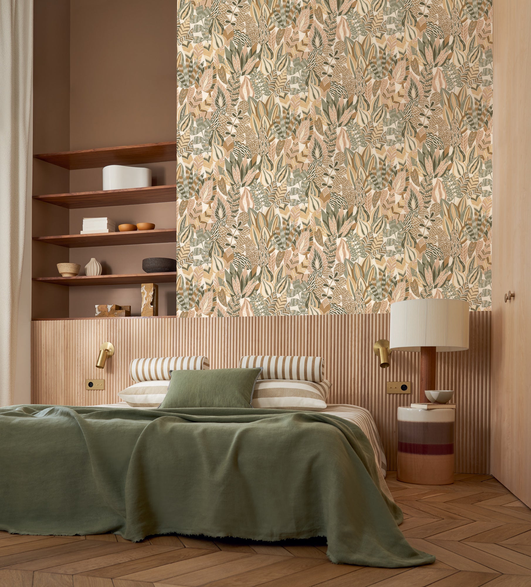 Alfabia wallpaper by Casamance in Green – Khaki & Vanilla, styled room shot