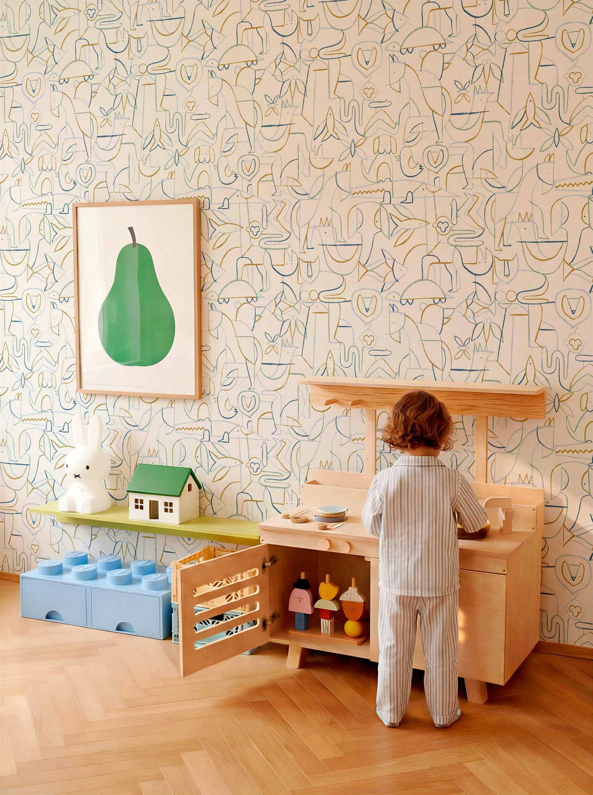 Animalia wallpaper by Coordonné in Blue, styled room
