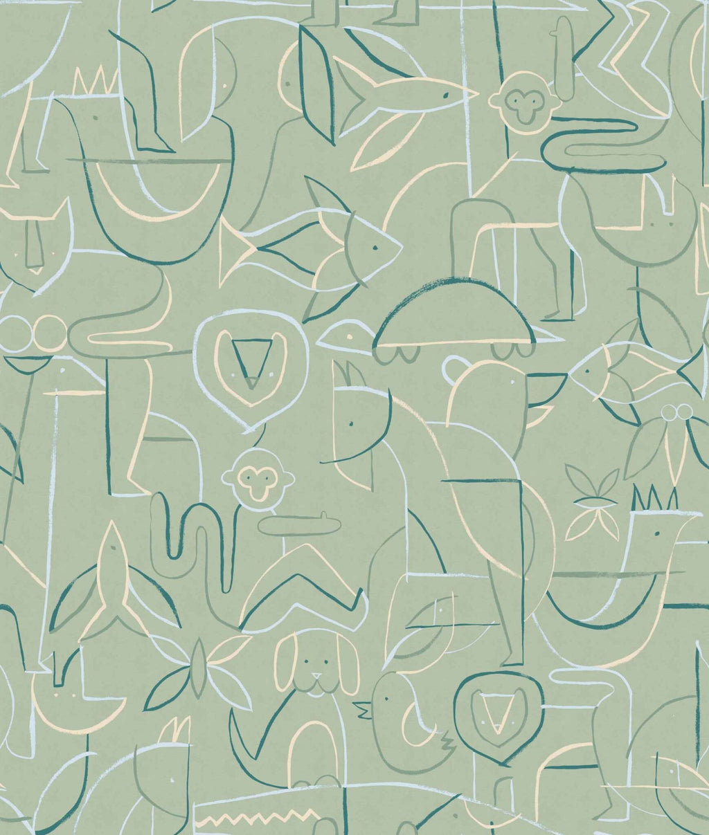 Animalia wallpaper by Coordonné in Green – Emerald, flat swatch
