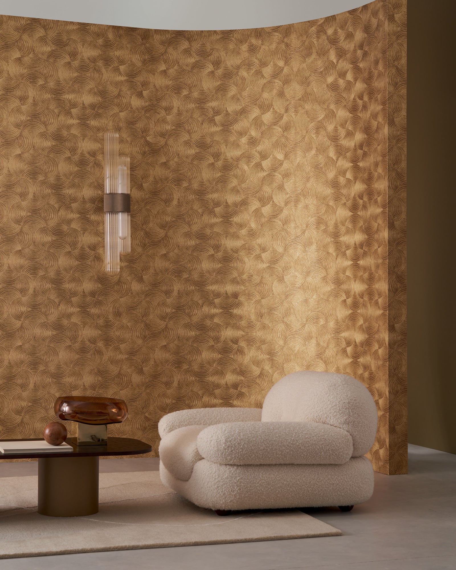 Aphelie wallpaper by Casamance in Gold, styled room shot