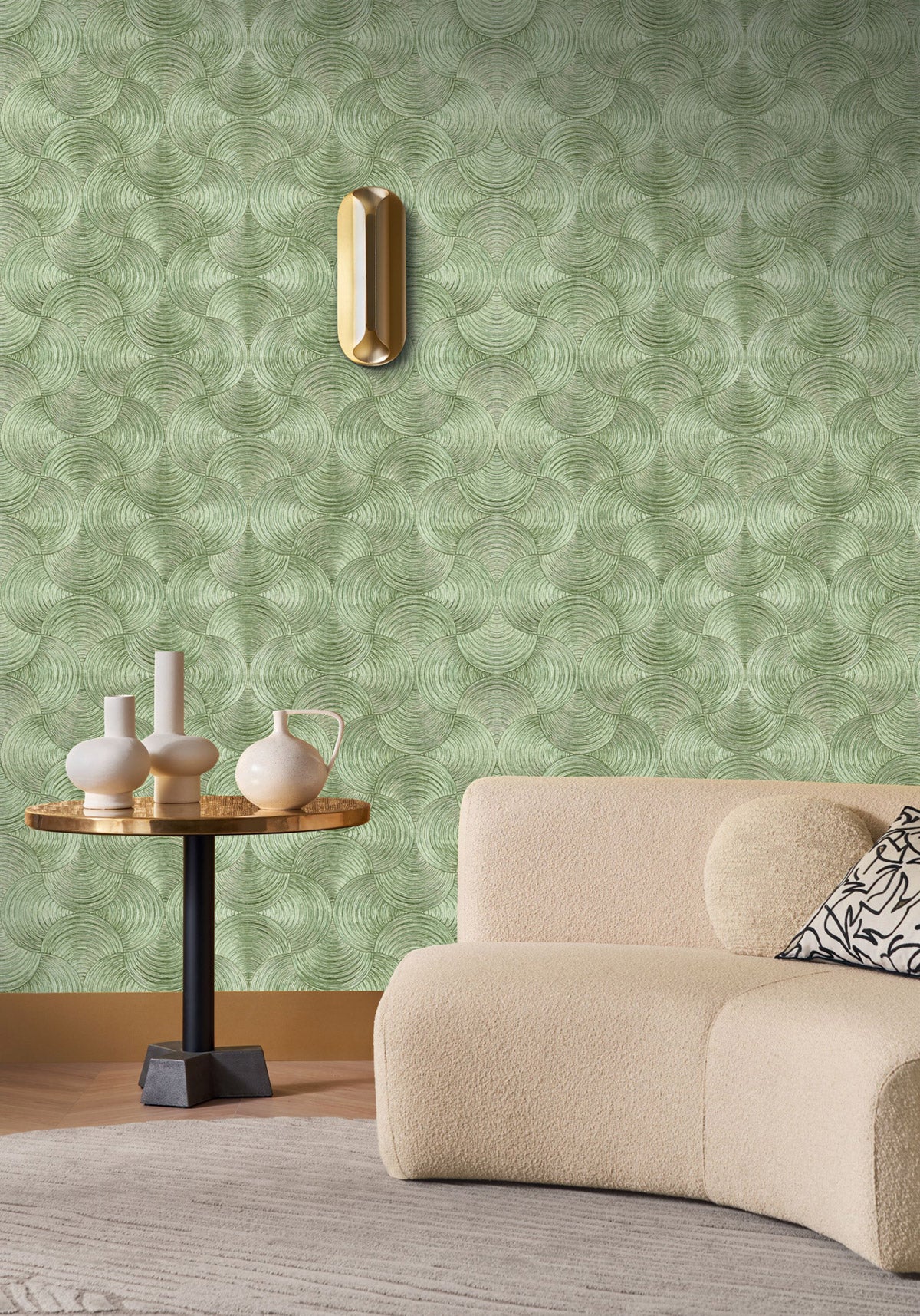 Aphelie wallpaper by Casamance in Green – Metallic, styled room shot