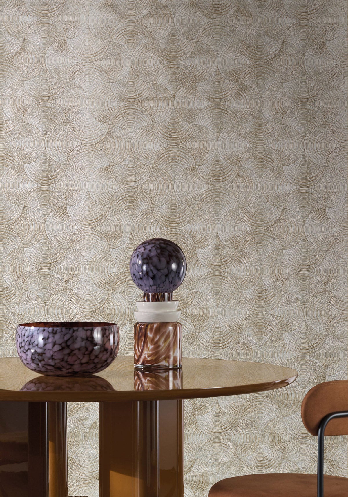 Aphelie wallpaper by Casamance in Silver, styled room shot