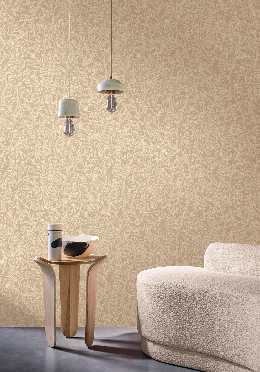 Astragale wallpaper by Casamance in Beige – Sand, styled room shot