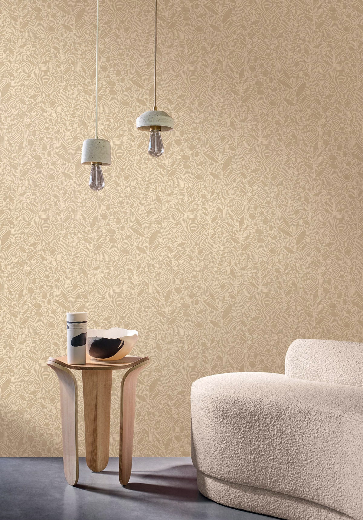 Astragale wallpaper by Casamance in Beige – Sand, styled room shot