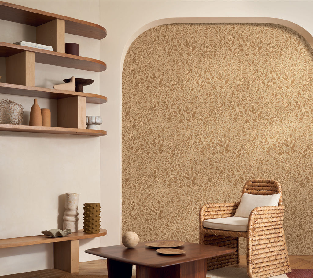 Astragale wallpaper by Casamance in Brown – Camel, styled room shot