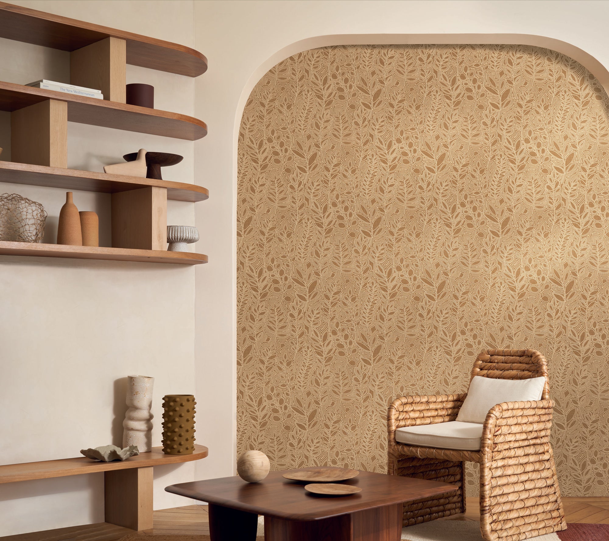 Astragale wallpaper by Casamance in Brown – Camel, styled room shot