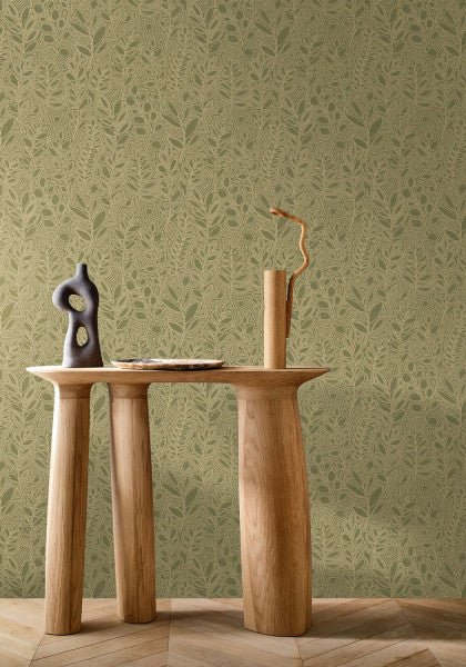 Astragale wallpaper by Casamance in Green – Khaki, styled room shot