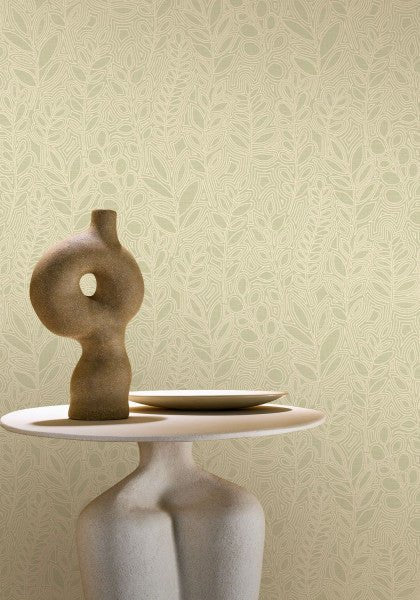 Astragale wallpaper by Casamance in Green – Sweet Almond, styled room shot
