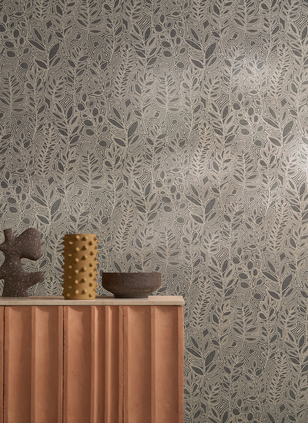 Astragale wallpaper by Casamance in Grey – Charcoal, styled room shot