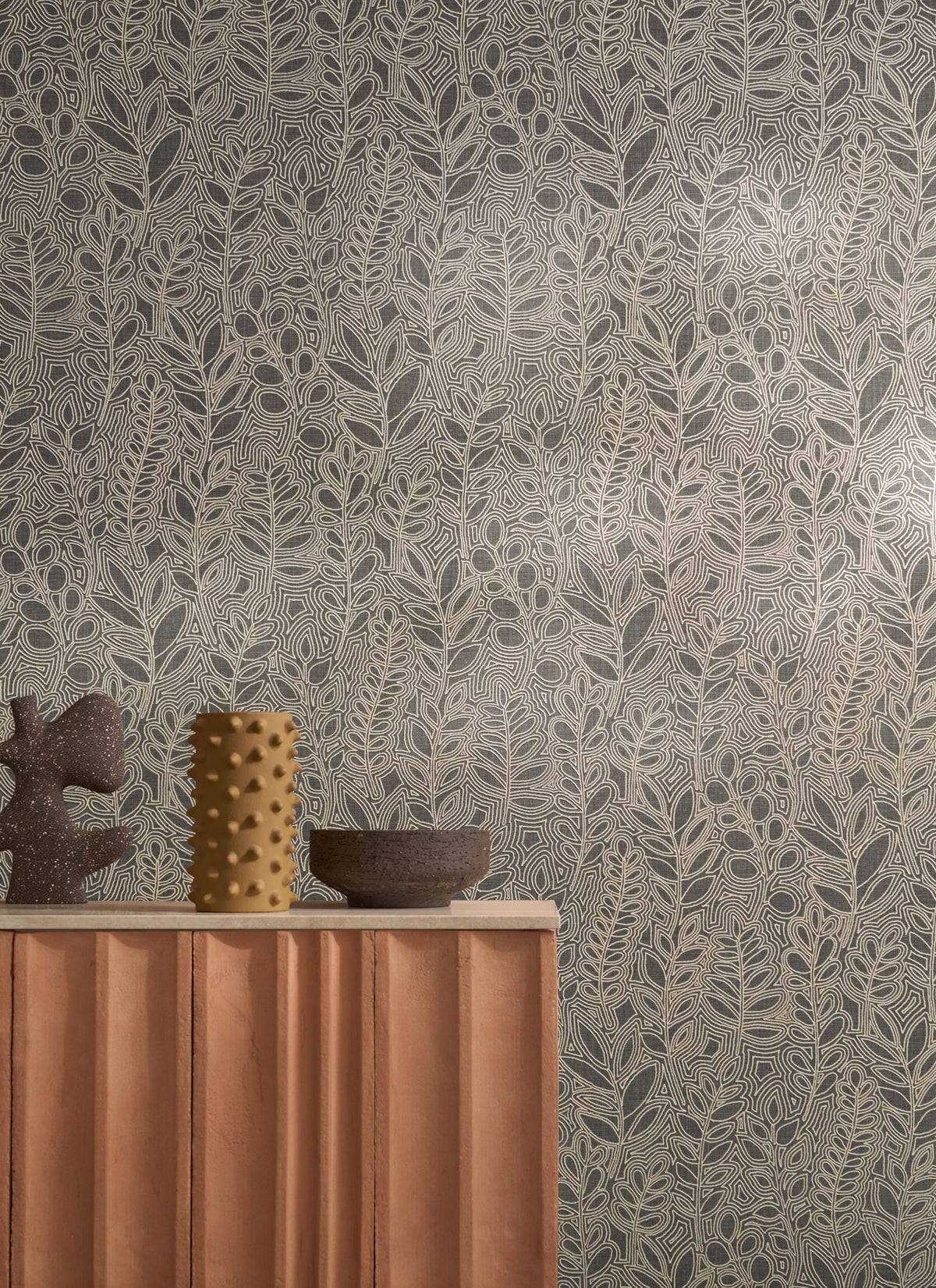 Astragale wallpaper by Casamance in Grey – Charcoal, styled room shot