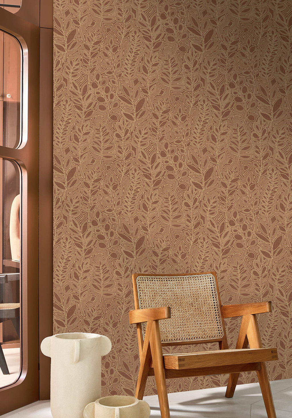 Astragale wallpaper by Casamance in Orange – Terracotta, styled room shot