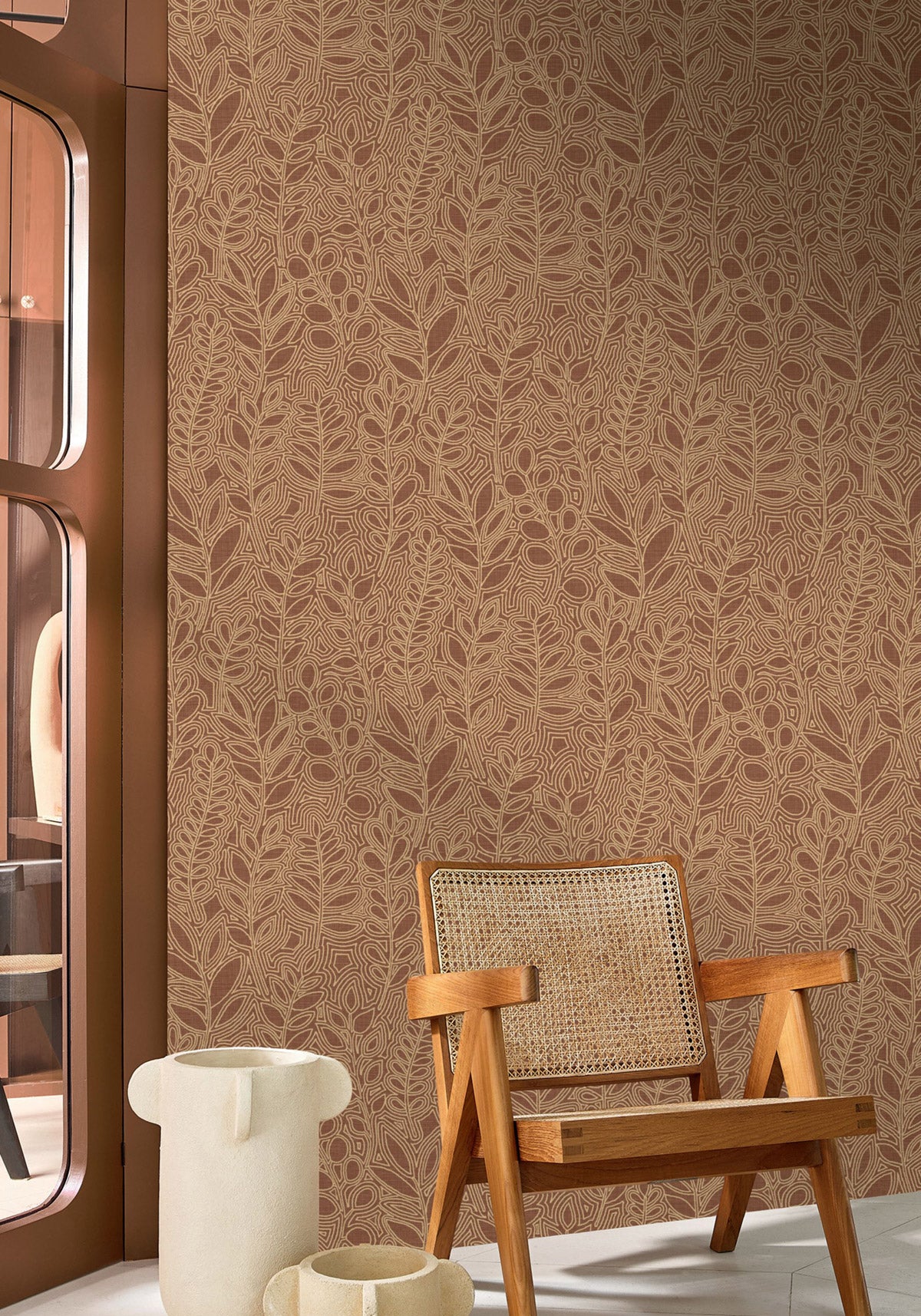 Astragale wallpaper by Casamance in Orange – Terracotta, styled room shot