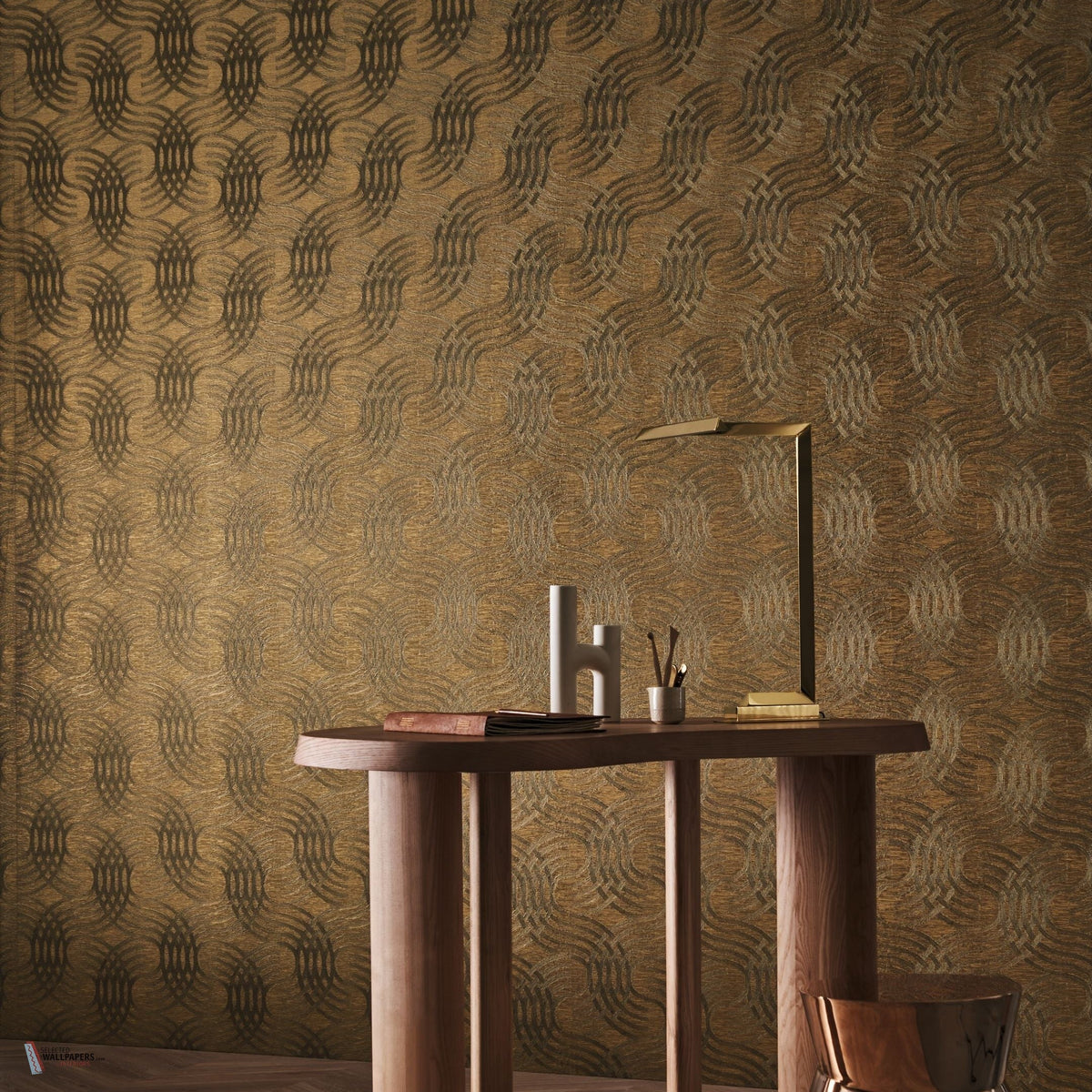 Auraria wallpaper by Casamance in Black – Gold, styled room shot