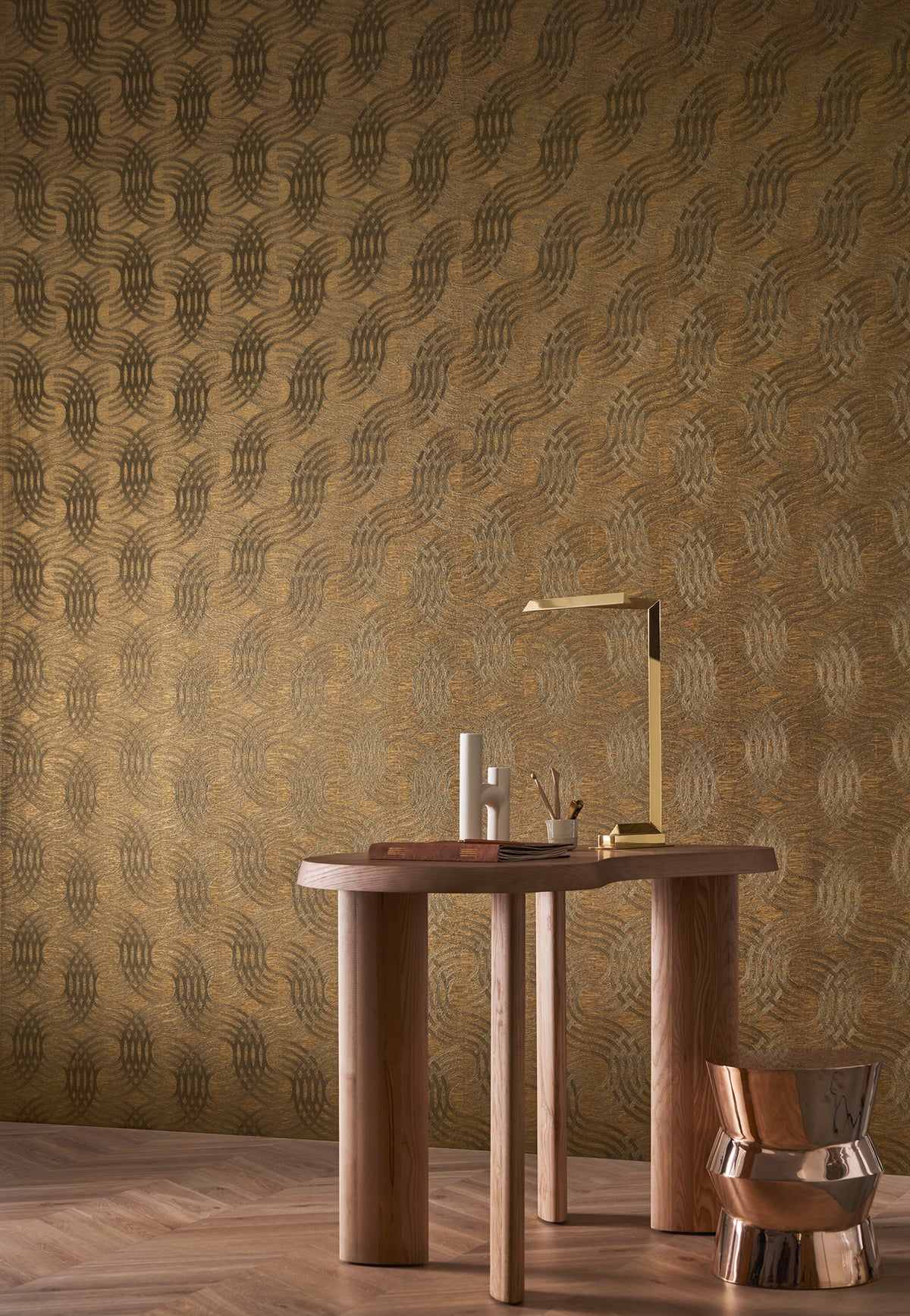 Auraria wallpaper by Casamance in Brown – Copper, styled room shot