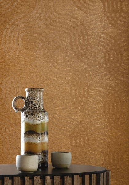 Auraria wallpaper by Casamance in Yellow – Amber, styled room shot