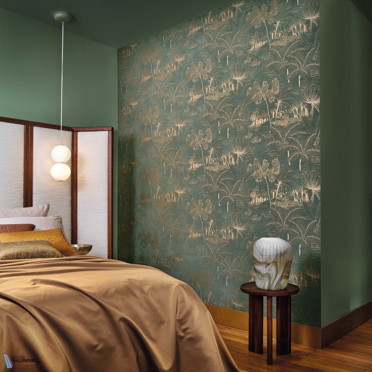 Baharia wallpaper by Casamance in Green – Verdigris & Gold, styled room shot