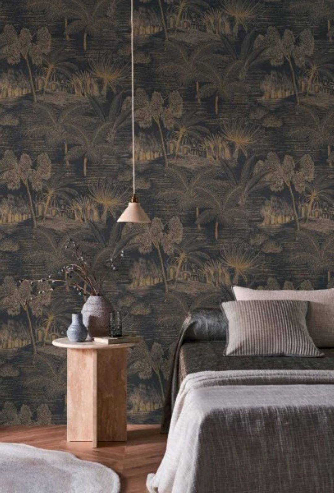 Baharia wallpaper by Casamance in Grey – Charcoal & Gold, styled room shot