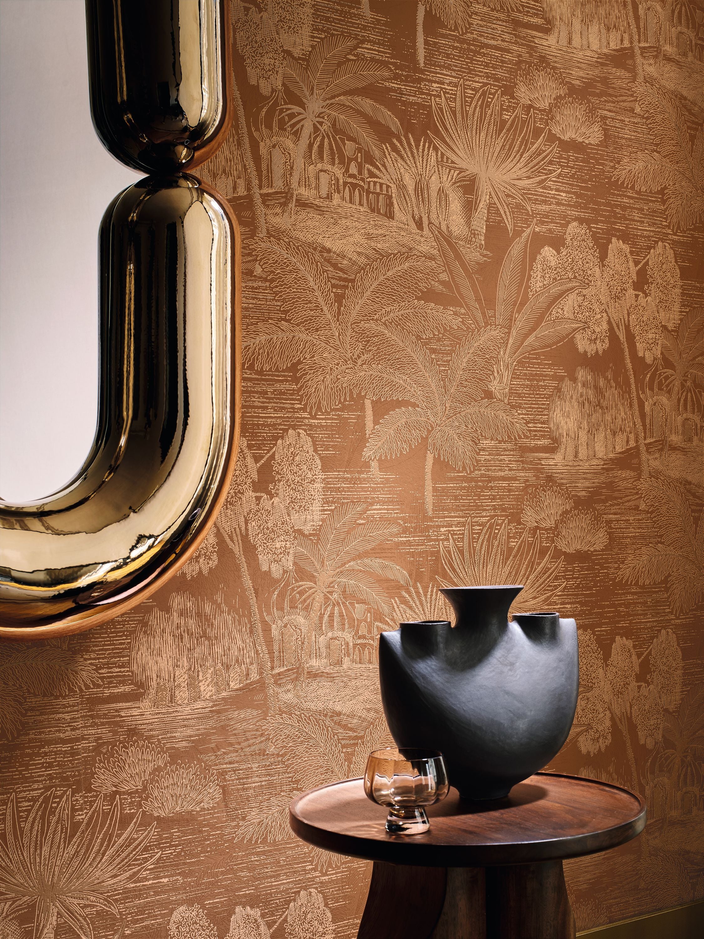 Baharia wallpaper by Casamance in Orange – Sienna, styled room shot