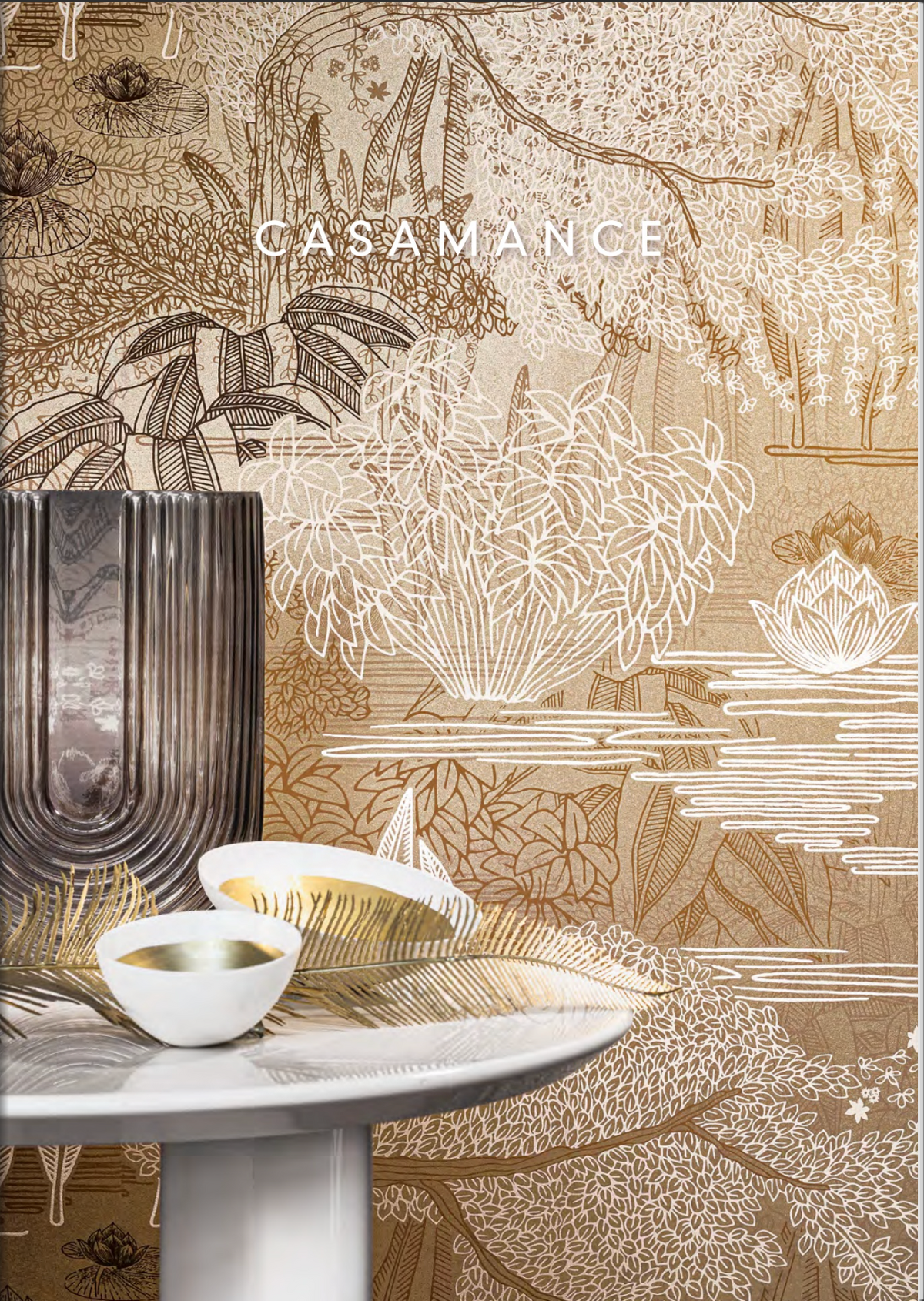 Baharia wallpaper by Casamance in Yellow – Amber, styled room shot