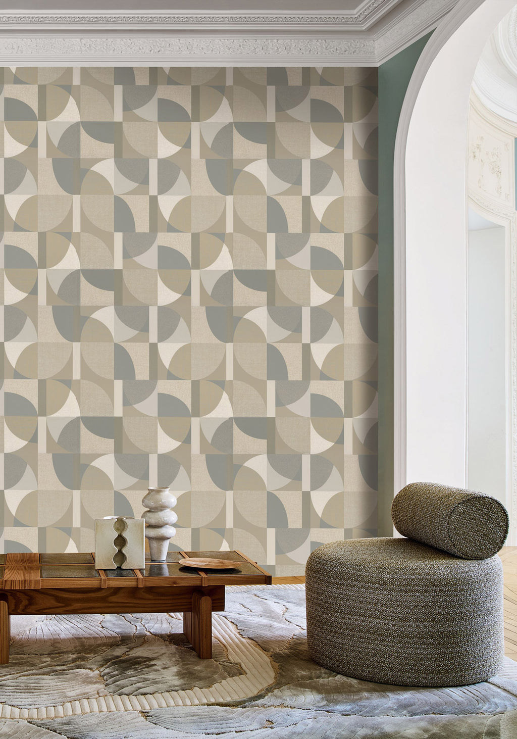 Barillet wallpaper by Casamance in Grey – White & Latte, styled room shot