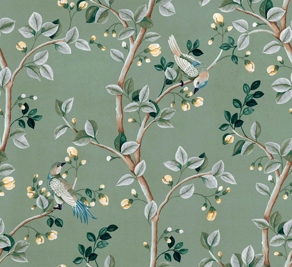 Birds Prosperity wallpaper by Coordonné in Green, flat swatch