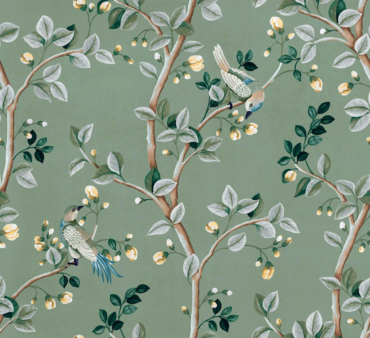 Birds Prosperity wallpaper by Coordonné in Green, flat swatch