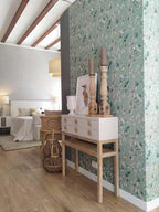 Birds Prosperity wallpaper by Coordonné in Green, styled room