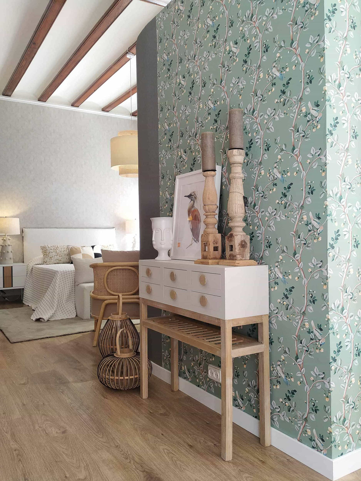 Birds Prosperity wallpaper by Coordonné in Green, styled room