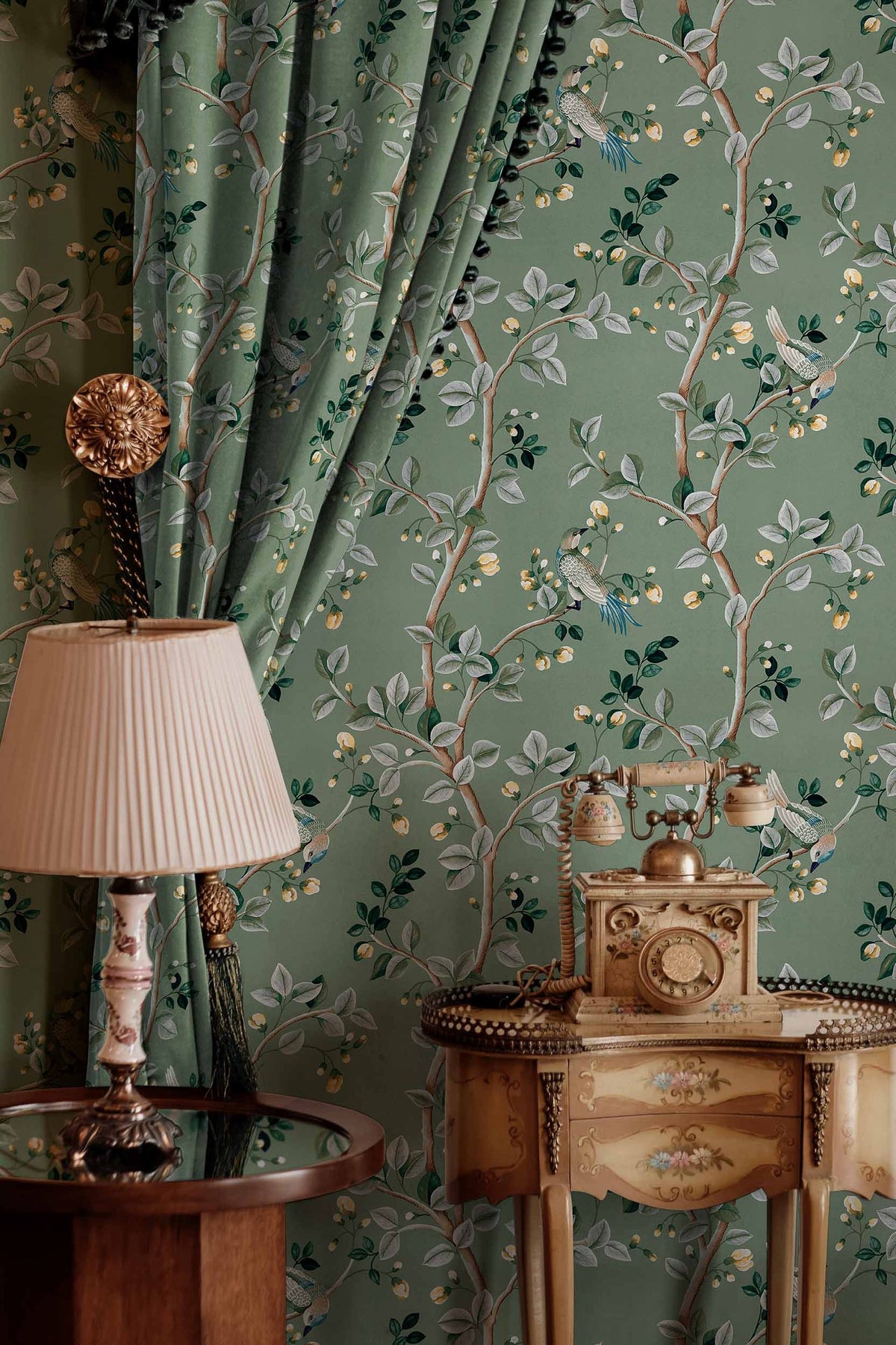 Birds Prosperity wallpaper by Coordonné in Green, styled room