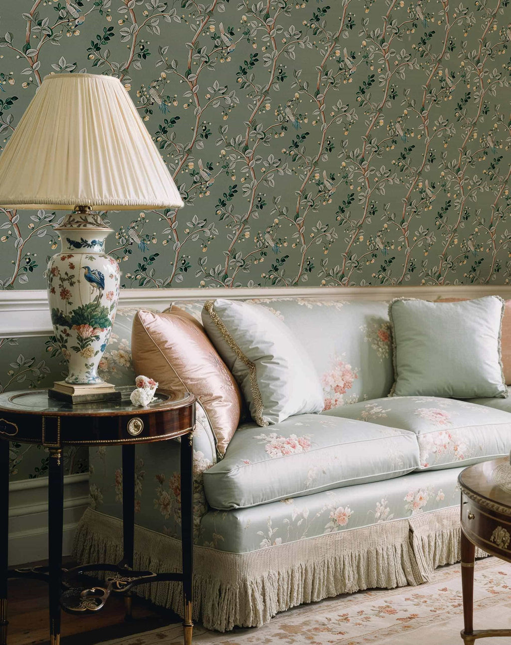 Birds Prosperity wallpaper by Coordonné in Green, styled room