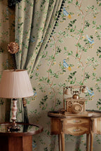 Birds Prosperity wallpaper by Coordonné in Beige, styled room