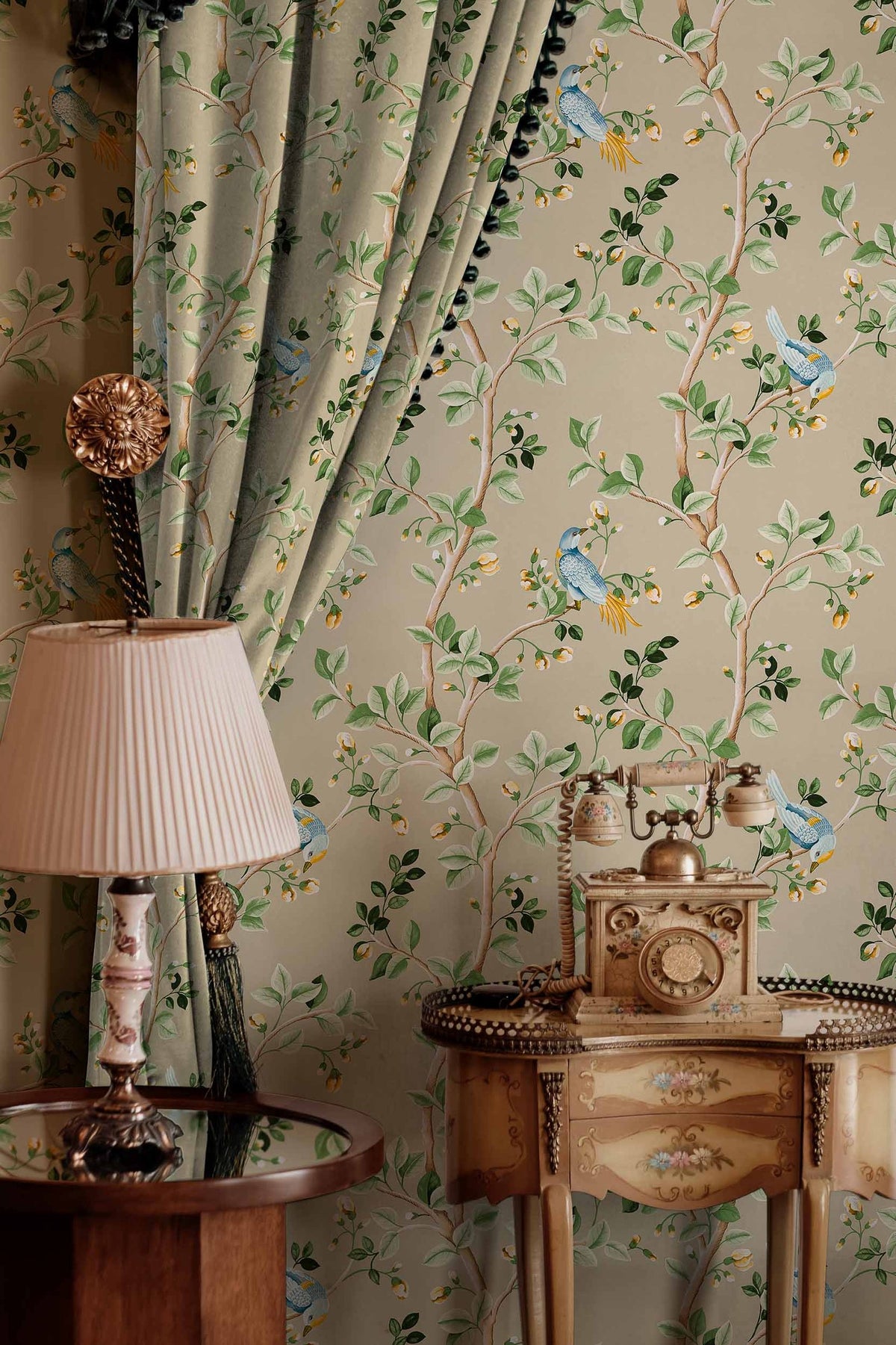 Birds Prosperity wallpaper by Coordonné in Beige, styled room