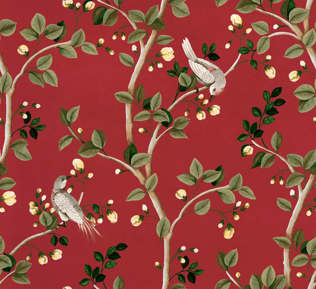 Birds Prosperity wallpaper by Coordonné in Red, flat swatch