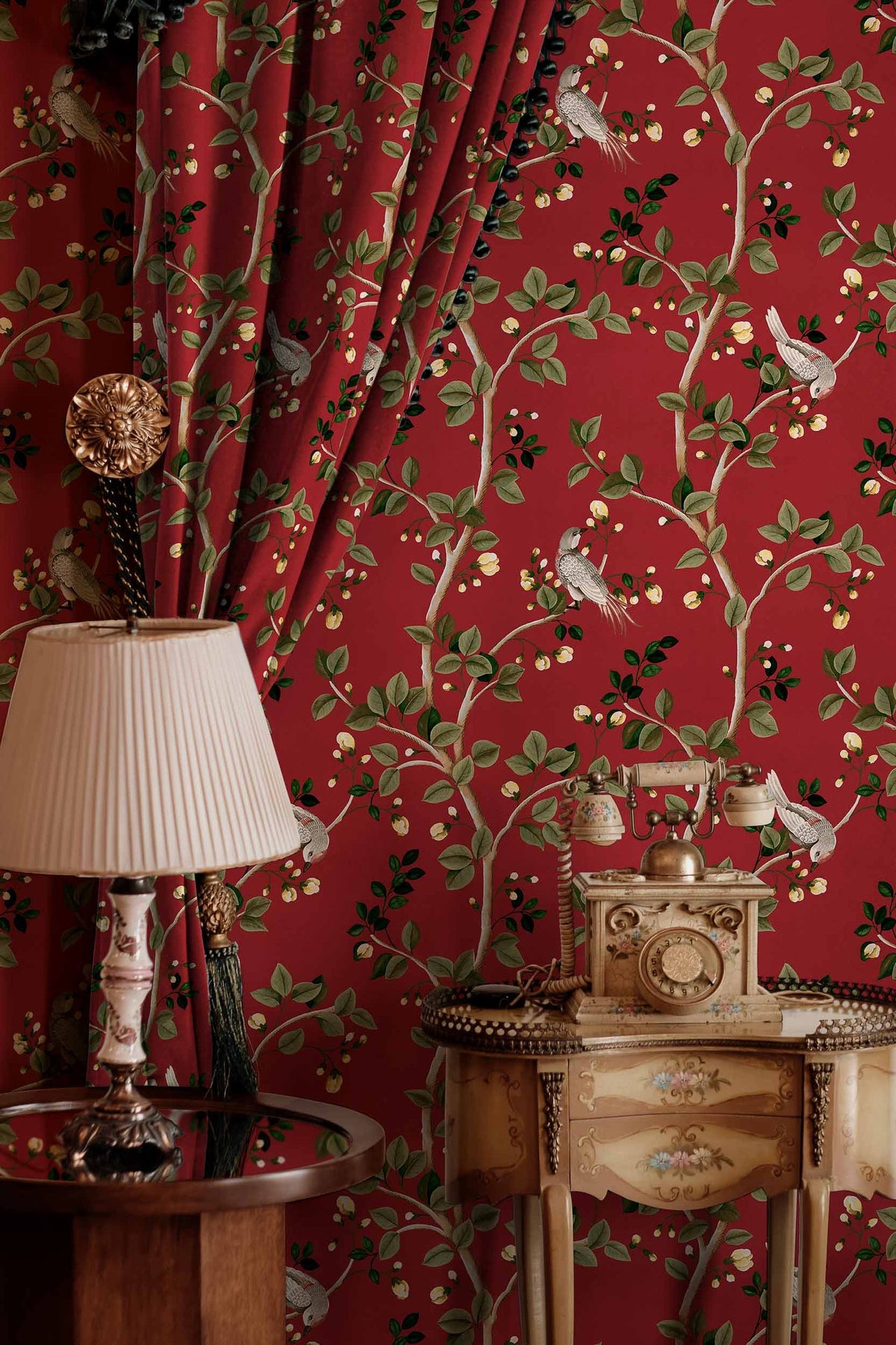 Birds Prosperity wallpaper by Coordonné in Red, styled room