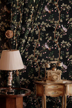 Birds Prosperity wallpaper by Coordonné in Black, styled room