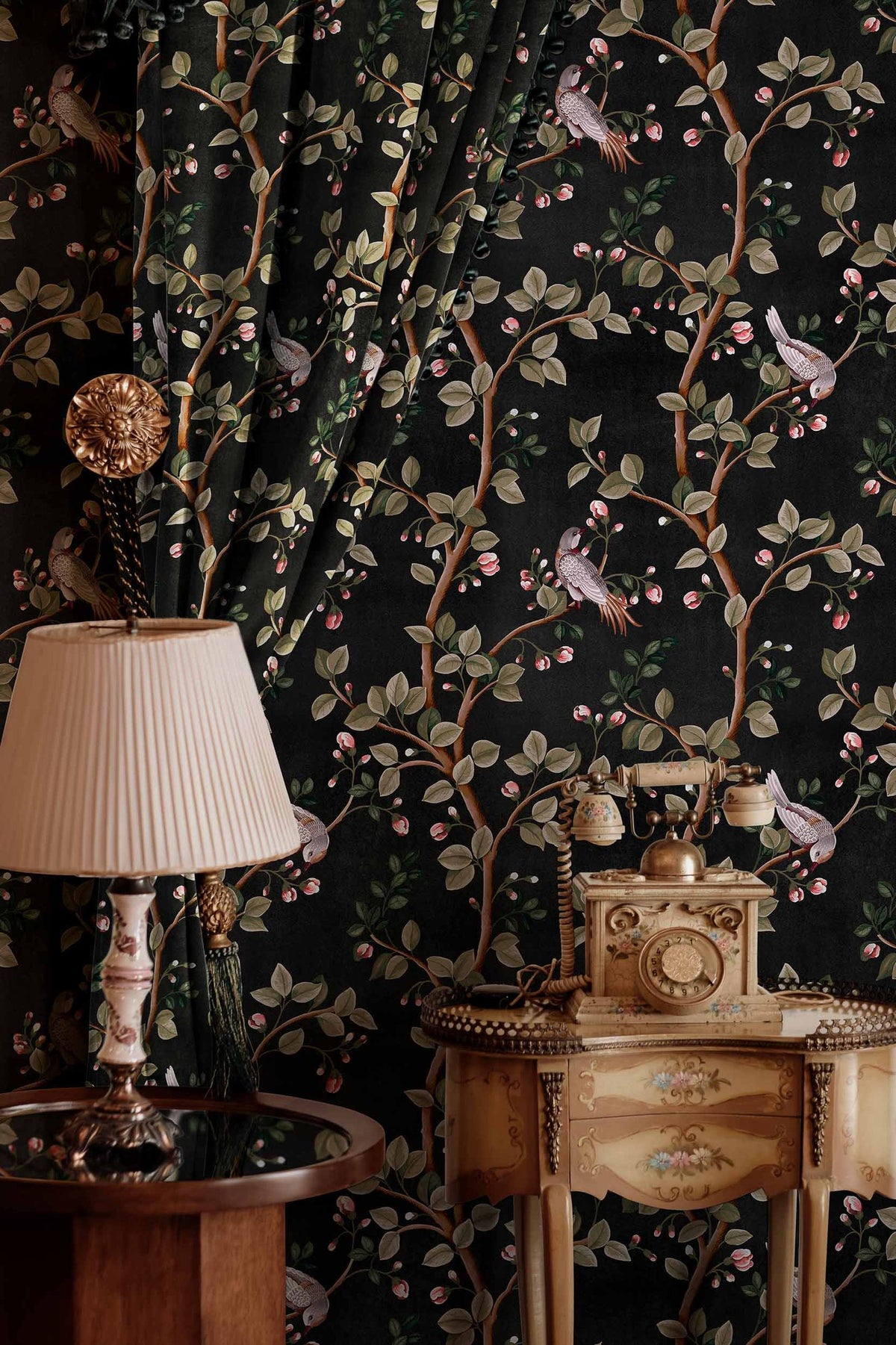 Birds Prosperity wallpaper by Coordonné in Black, styled room