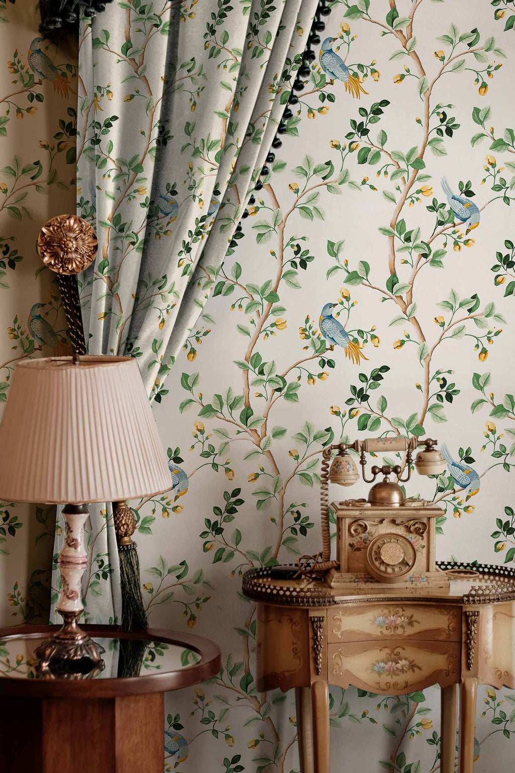 Birds Prosperity wallpaper by Coordonné in White, styled room