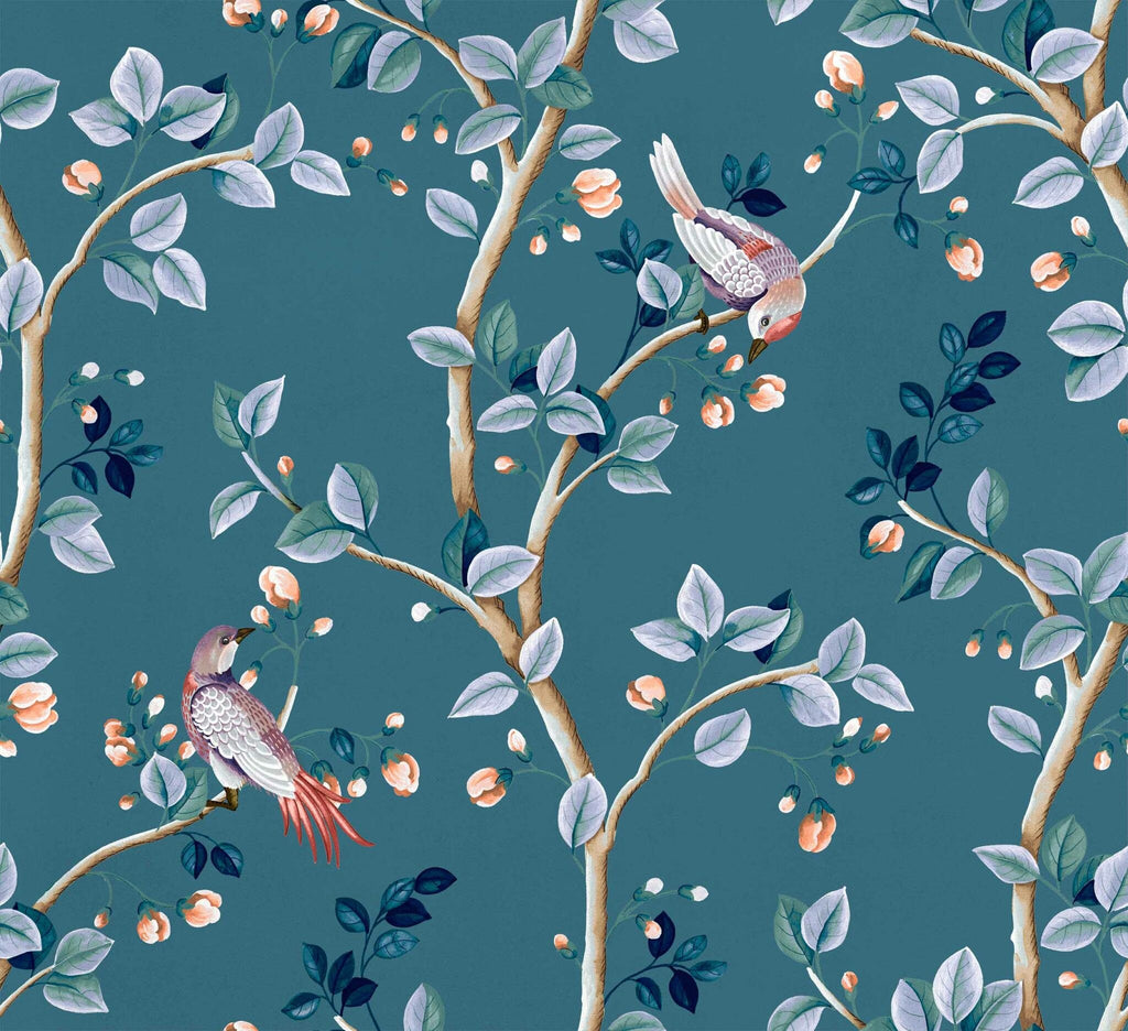 Birds Prosperity wallpaper by Coordonné in Blue – Sapphire, flat swatch