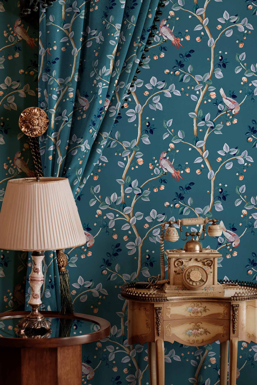 Birds Prosperity wallpaper by Coordonné in Blue – Sapphire, styled room